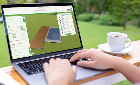eine Gartenterrasse mit einem Pool wird auf einem Laptop mit dem Osmo Terrassenkonfigurator geplant