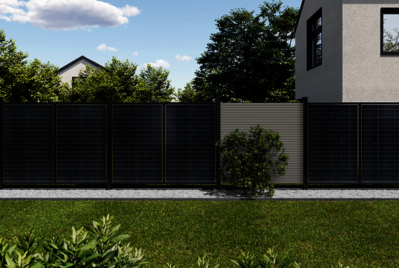Osmo Solar-Fence combined with Osmo Alu-Fence Cube in grey in a garden