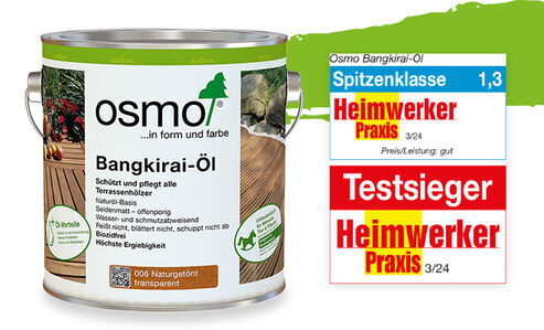 Osmo Bangkirai-Öl ist Testsieger bei HEIMWERKER PRAXIS im Vergleichstest Holz-Öle
